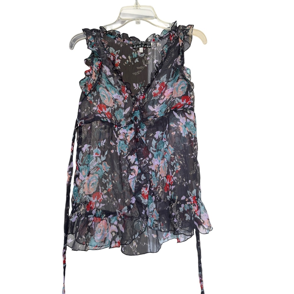 Aldo Trevi Womens Black Floral Sheer Ruffle‎ Boho Tie Back Blouse M Whimsigoth